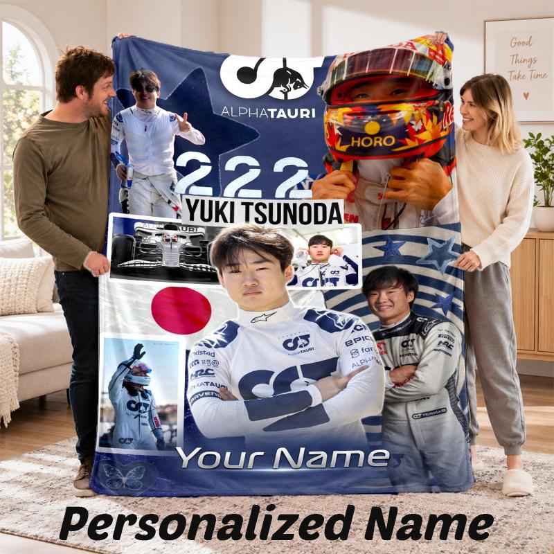 Custom Name Yuki Tsunoda Flannel Throw Blanket Personalized Text Soft Blanket Bed Sofa Gift