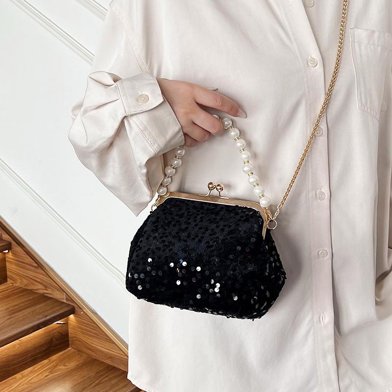 Sac à main tendance personnalisé à boucle clip, sequins, chaîne de perles brillantes, sac bandoulière portable, style exotique, sac de soirée