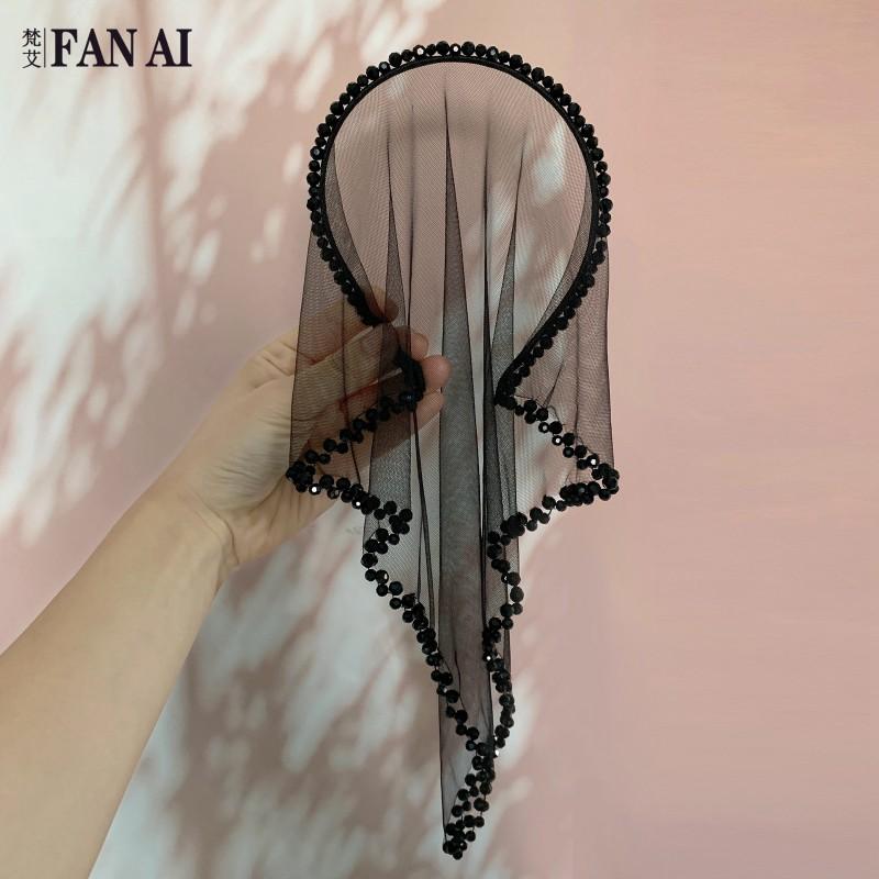 Black Crystal Mesh Headband With Triangle Veil Gothic Hair Accessory Halloween Costume Party