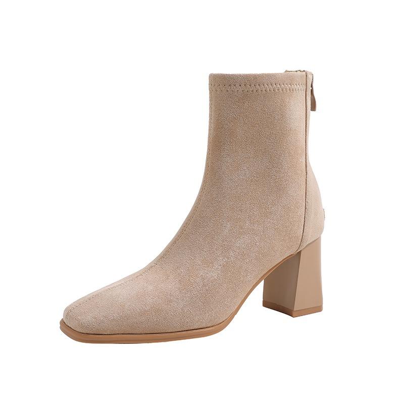 High Heel Autumn and Winter Short Boots Children Small Skinny Boots Black Suede Square Heel Thick Heel Short Boots