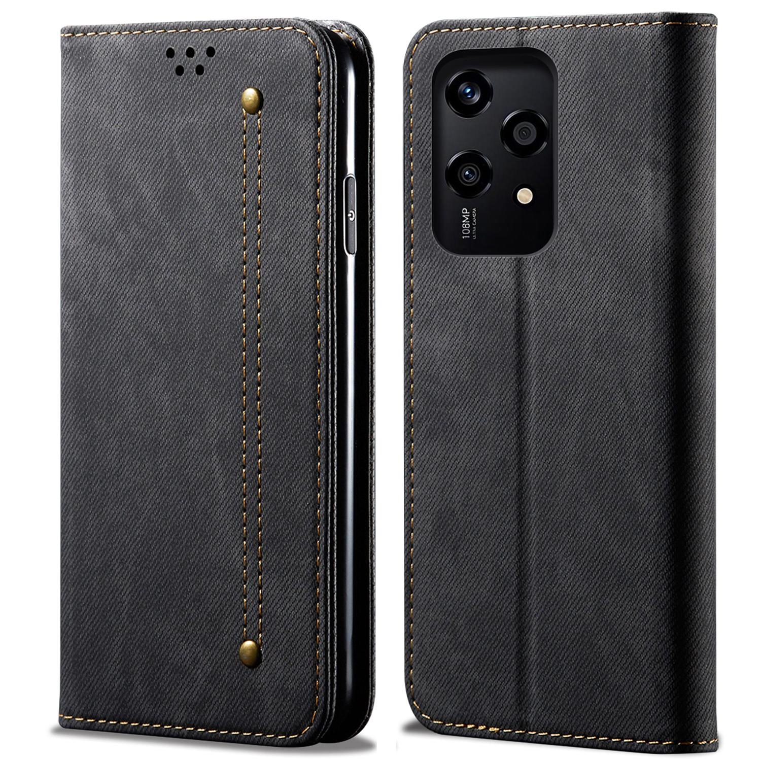 

Чехол для Honor 200 Lite, кожаный чехол для телефона с текстурой джинсовой ткани и внутренней оболочкой из ТПУ Black