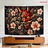 Japanese Hannya Mask Cherry Blossom Tapestry, Traditional Asian Art Print, Mystic Wall Hanging For Living Room & Bedroom