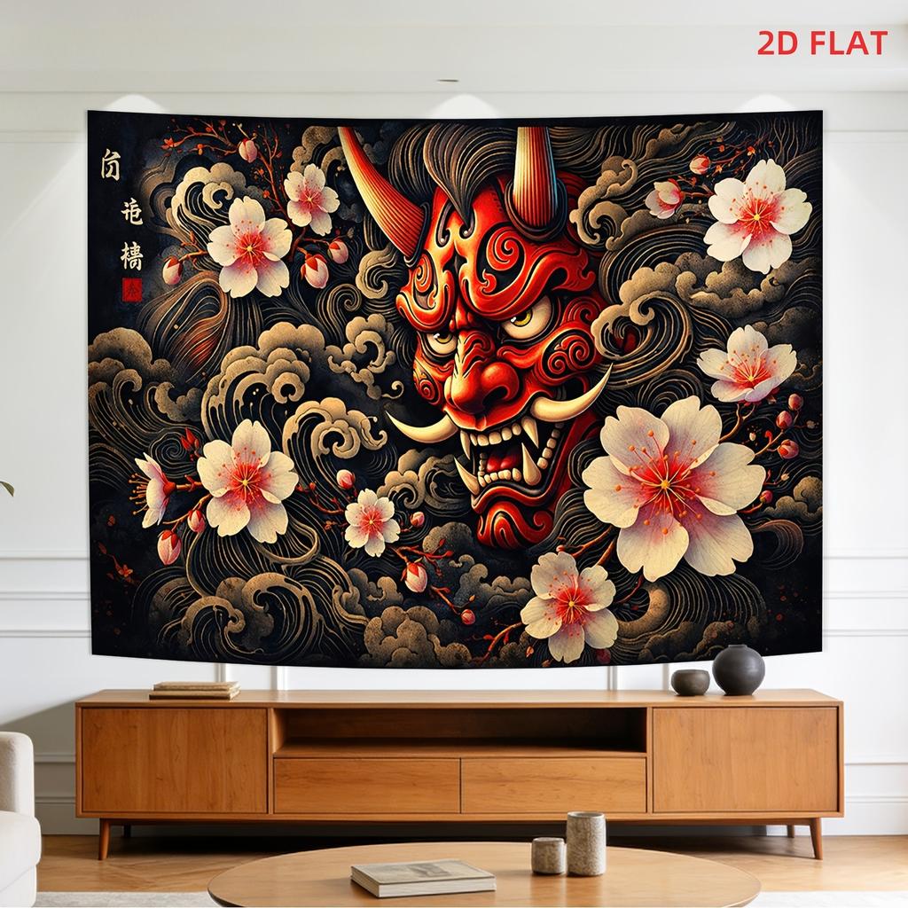 Japanese Hannya Mask Cherry Blossom Tapestry, Traditional Asian Art Print, Mystic Wall Hanging For Living Room & Bedroom