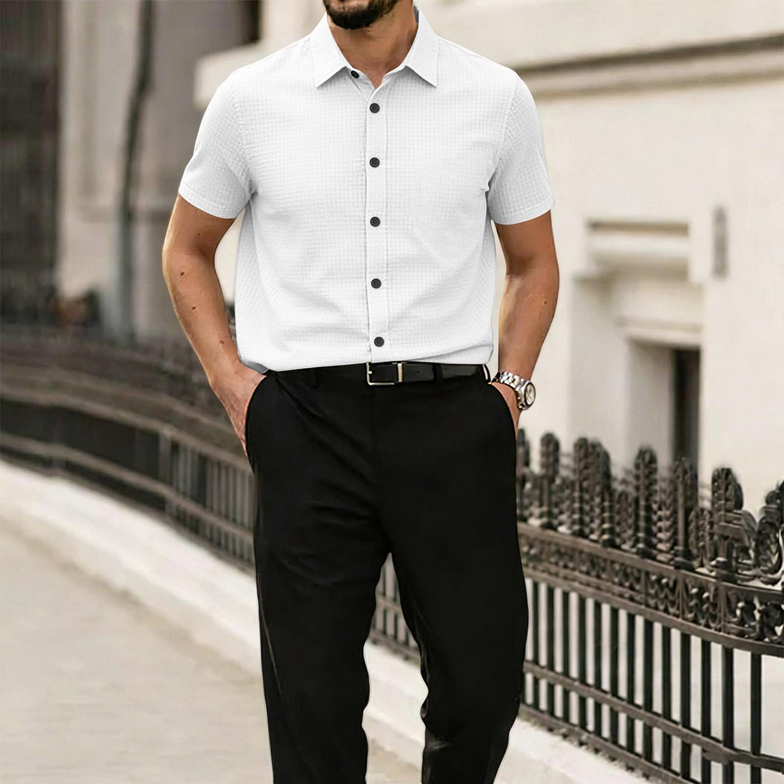 

Men s Casual Short Sleeve Shirt Loose Fit Polo Collar Button Down Breathable Mesh Fabric Summer Top XXL білий