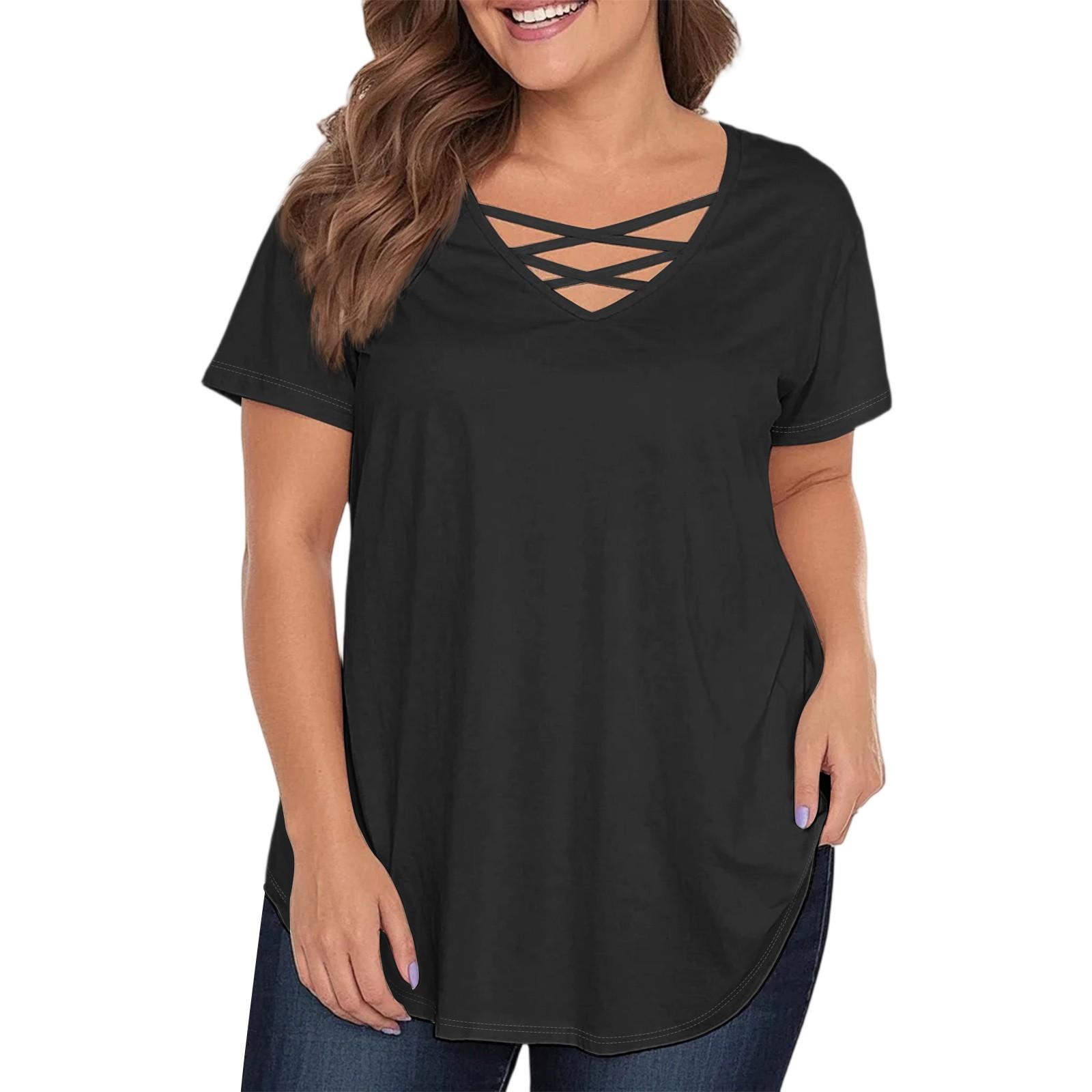 

Женская модная повседневная однотонная футболка с V-образным вырезом и коротким рукавом большого размера XXXXL чёрный