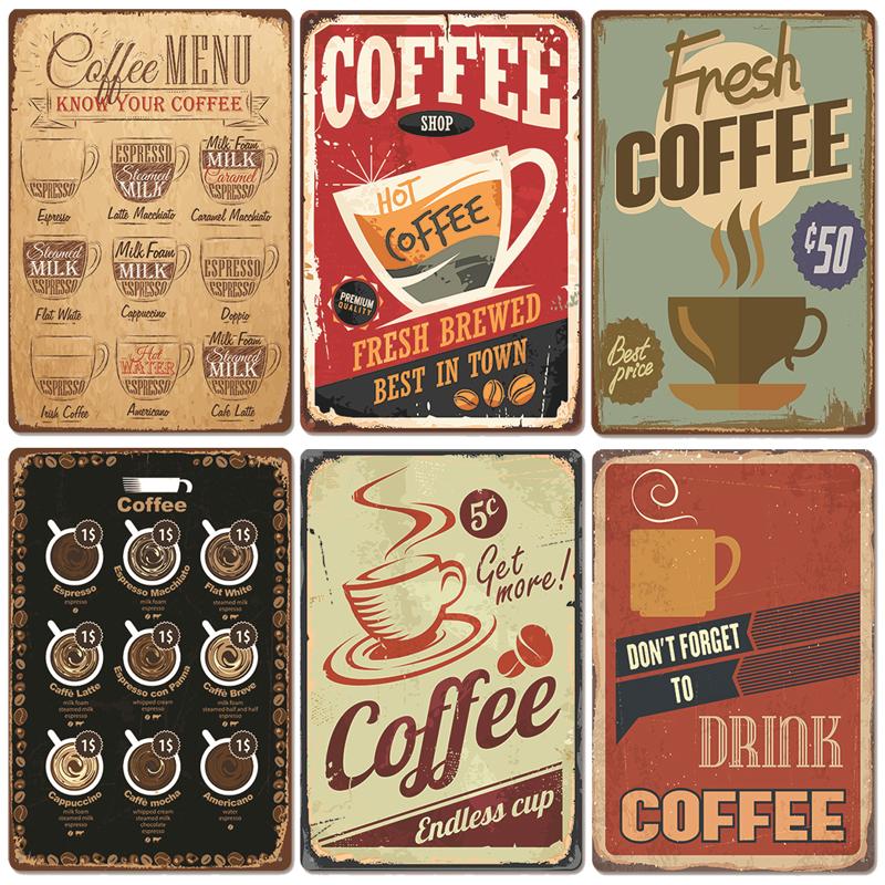 Targa Vintage Caffè Fresco Metallo Latta Segno Retro Bevanda Caffè Poster Adesivi da Parete per Caffetteria Negozio Ristorante Decorazione Casa Stanza