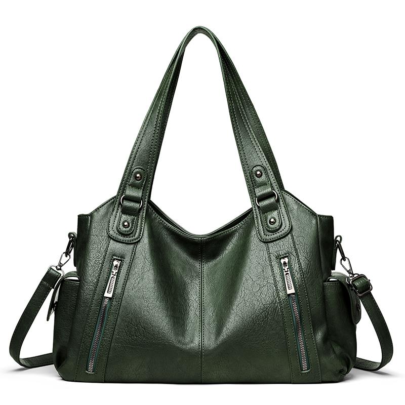 Women PU Leather Tote Shoulder Bag Large Capacity Multi Zipper Pockets Handbag Detachable Crossbody Strap Soft Vintage Casual Daily Shopping