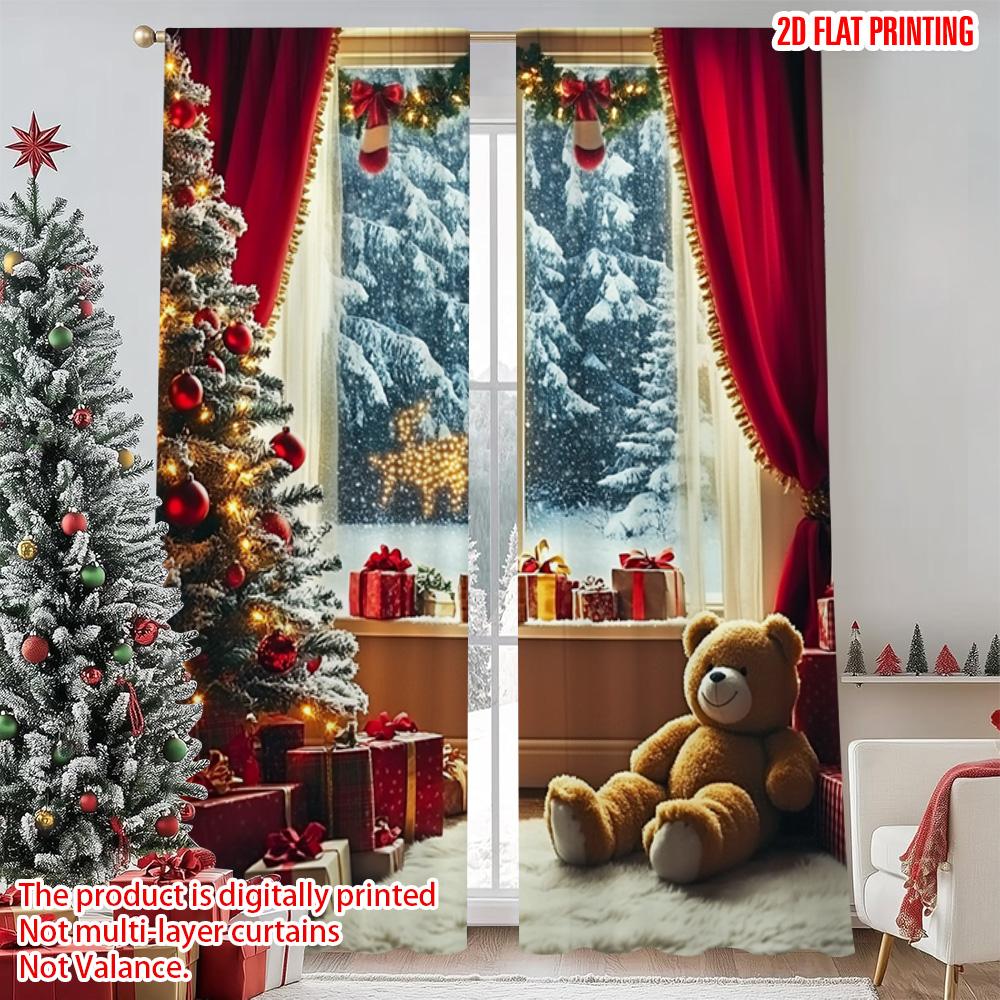 

2pcs 2D flat printing Merry Christmas Popular Window Curtains Christmas on Machine Washable Polyester Without Electricity Family 52.50×116.00 CM 2pcs