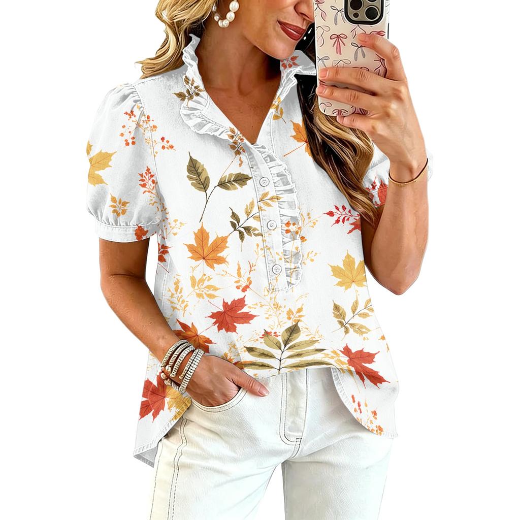 Women's Fashion Casual Ruffled V-Neck Print Blouse Top