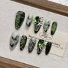 Green Butterfly Short Almond Press-On Nails Handmade Artificial Nail Tips Women Girls