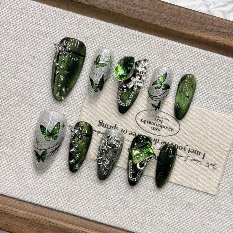 Green Butterfly Short Almond Press-On Nails Handmade Artificial Nail Tips Women Girls
