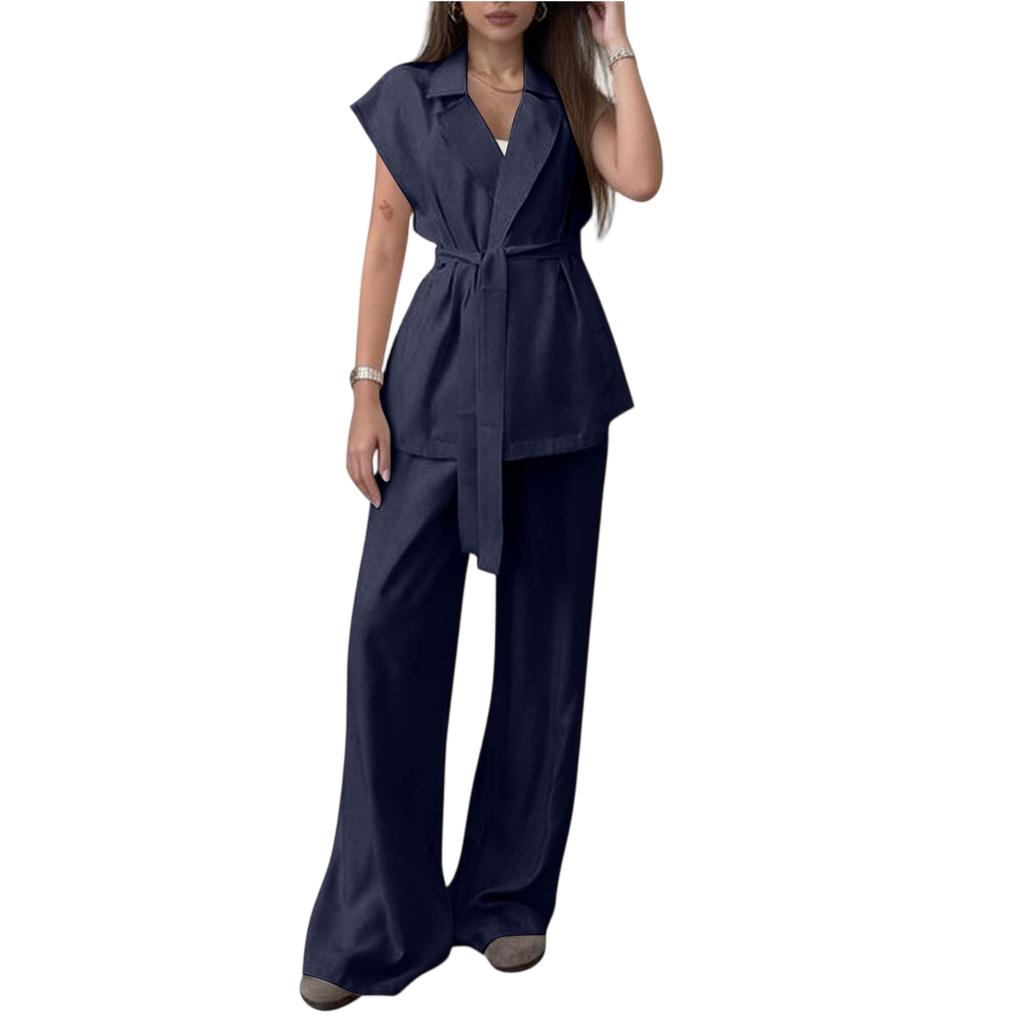 Women's 2-Piece Fashionable Casual Sleeveless Tie Front Cardigan And Pants Set