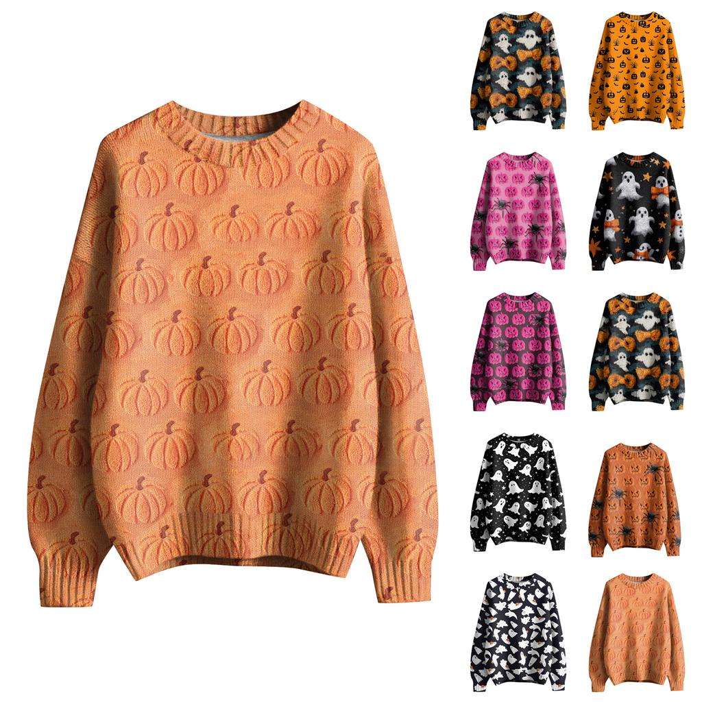 Men's Long Sleeve Pullover Sweater Casual Halloween Print Knit Oversized Sweater