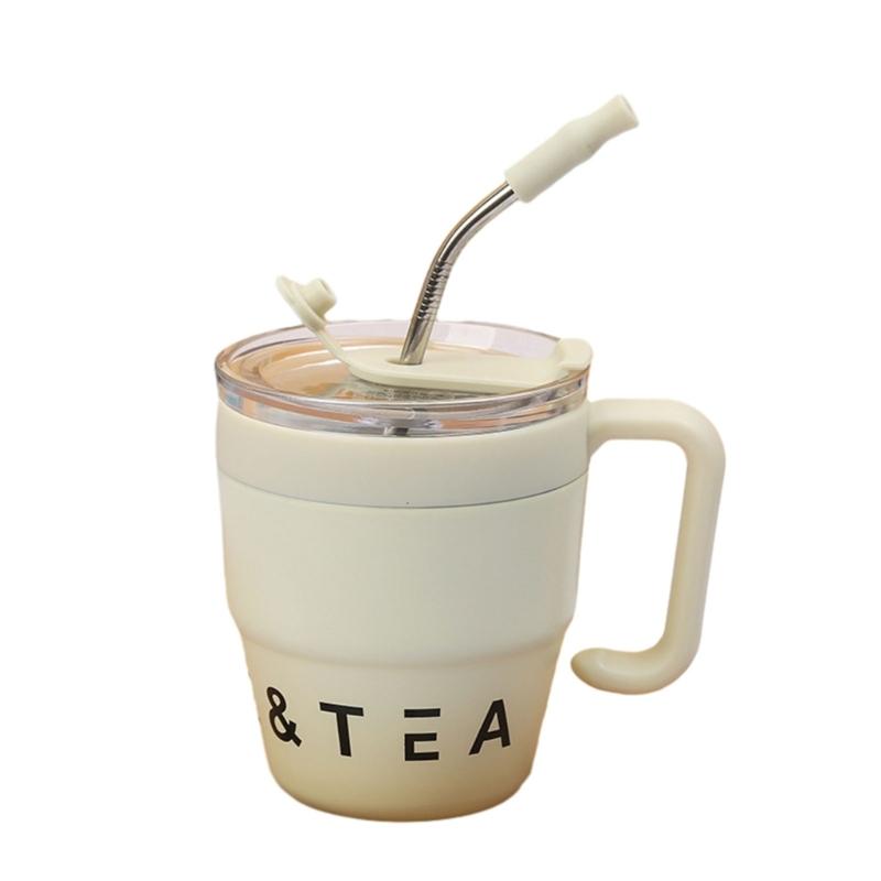 Inovativní hrnek na kávu s uchem a víčkem se slámkou 480ML Láhev Materiál nerezová ocel Hrnky se slámkou na nápoje