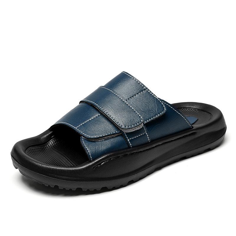 Men s Summer Leather Non-Slip Velcro Flip-Flops for Outdoor Beach - Large Size Size 44