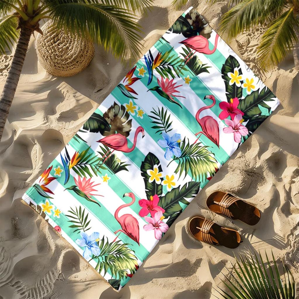 Striped tropical flamingo motif polyester microfiber beach towel is highly absorbent, suitable for swimming and beach outings