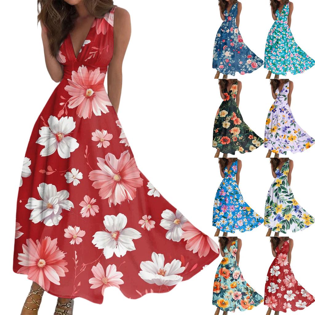 Women's Summer Fashion Retro Print V-Neck Sleeveless Long Dress