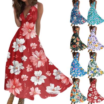 Women's Summer Fashion Retro Print V-Neck Sleeveless Long Dress