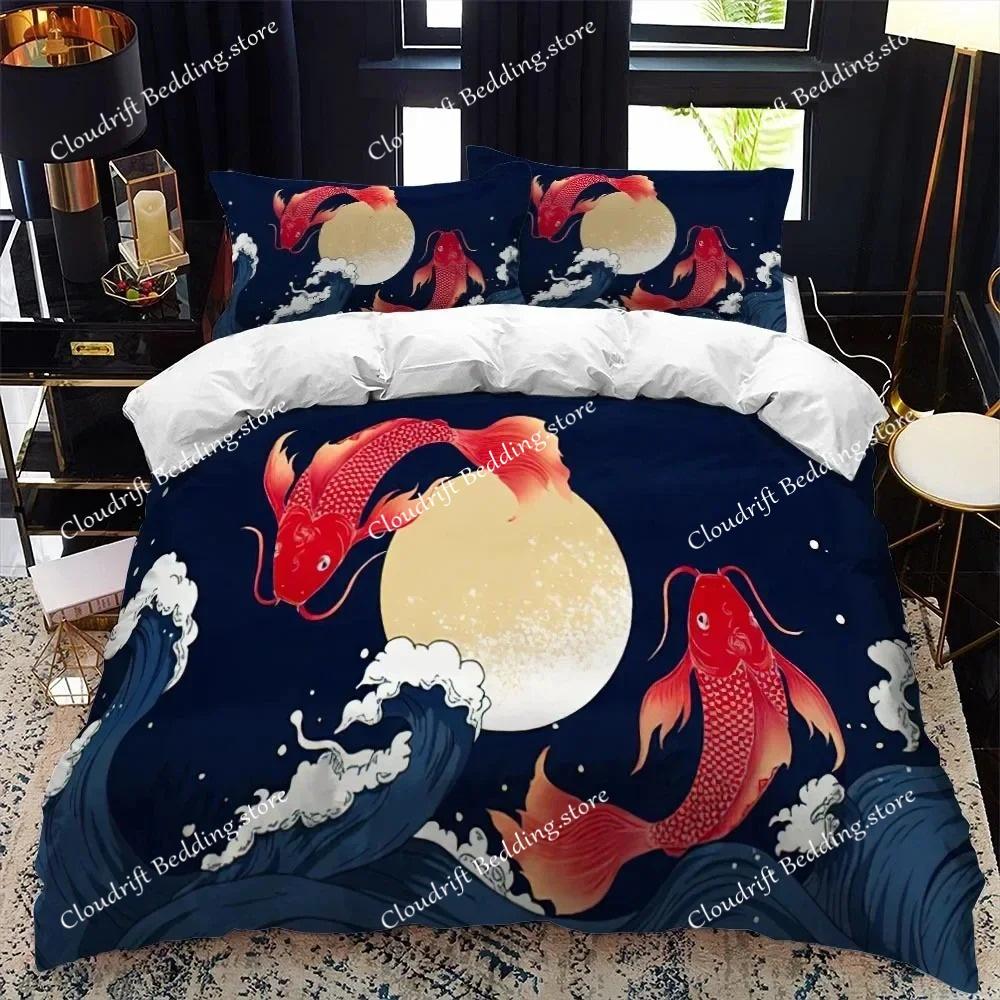 Bettbezug-Set im japanischen Stil, King-Size-Bett, Queen-Size-Bett, Ukiyo-e-Motiv, Wellenmuster, Polyester-Bettwäsche-Set, Fuji-Berg, exotischer Stil