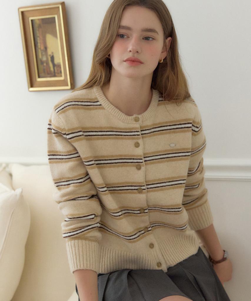 Ourhope Multi-Stripe Round Neck Cardigan - Beige