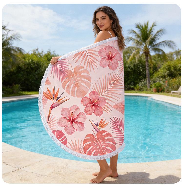 Customized Digital Printing Large Bohemian Floral Terry Microfiber Knitted Round Beach Towel for Summer Home Use