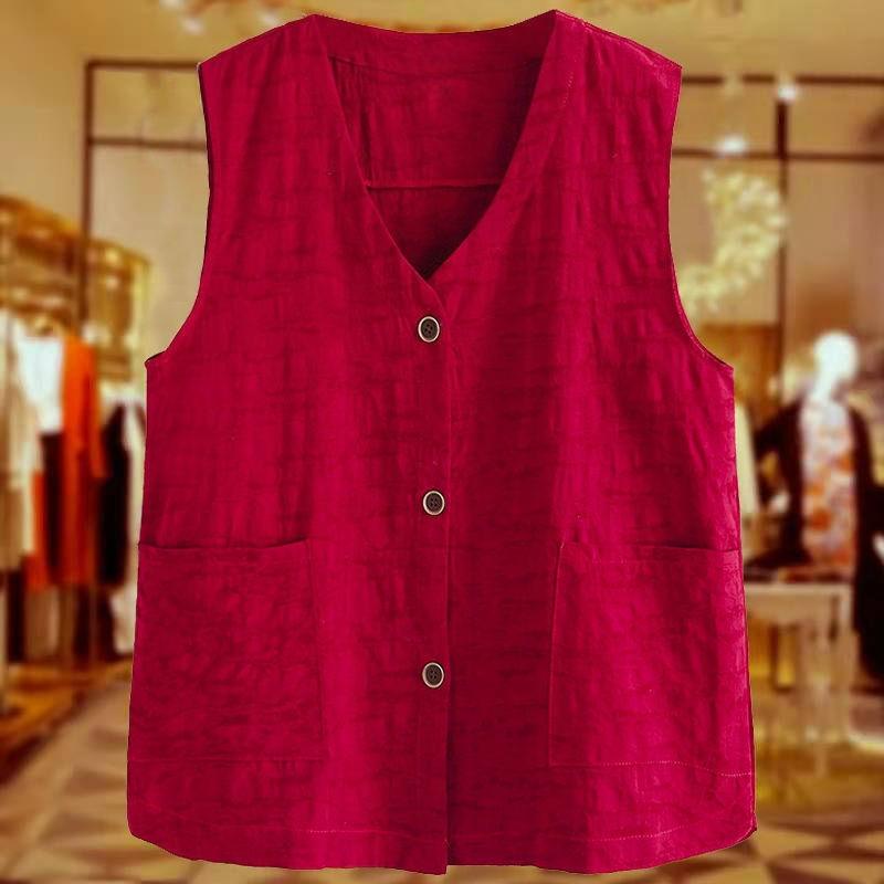 

Plus Size Female Fat Mother Spring and Autumn Thin Vest Jacket Fashion Western Style Cotton and Linen Vest 4XL вина червоного кольору