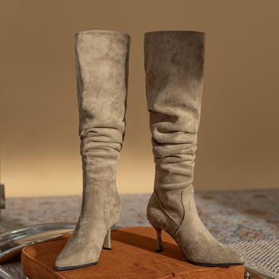 Großer Schaftumfang High Heel Spitz zulaufende Pfahlabsatzstiefel Damen Dünner Absatz Lange Stiefel Über das Knie Stiefel Retro Stiefel Retro-Stil