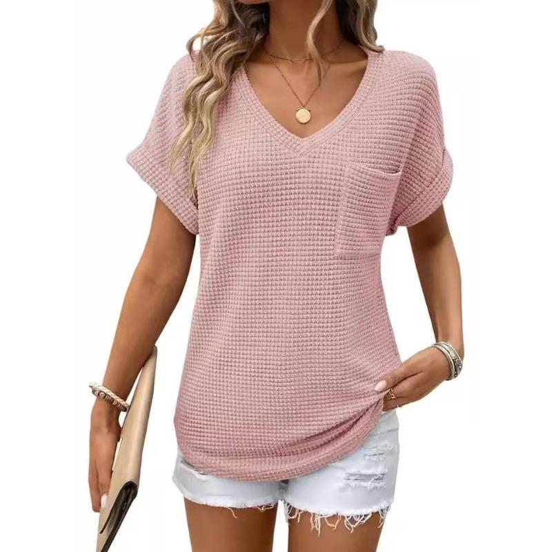 TIFICY Damenmode, lässig, Sommer, Frühling, einfarbig, bedruckt, kurzärmelig, V-Ausschnitt, Blusen und Hemden