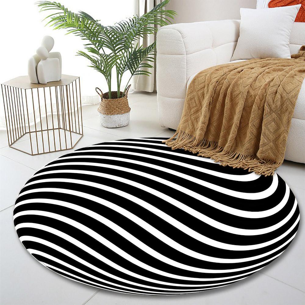 Abstract Black and White Wave Sphere Print round rug, living room, bedroom, playroom carpet, non slip floor mat, gift