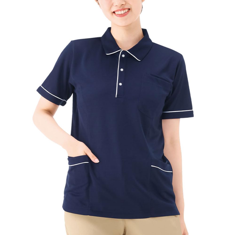 Nursery Color-Patterned Piping Polo Shirt with Side Pockets, Moisture-Wicking, Quick-Drying, Suitable for Nursing Uniforms, Women's and Men's, Size LL