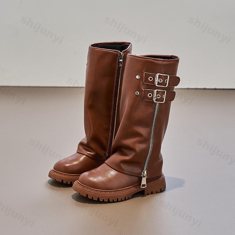 Children's Pu Leather Boots  Autumn Comfortable Anti Slip Zipper  Kids Knee Boots Girls Outdoor Buckle Princess Boots