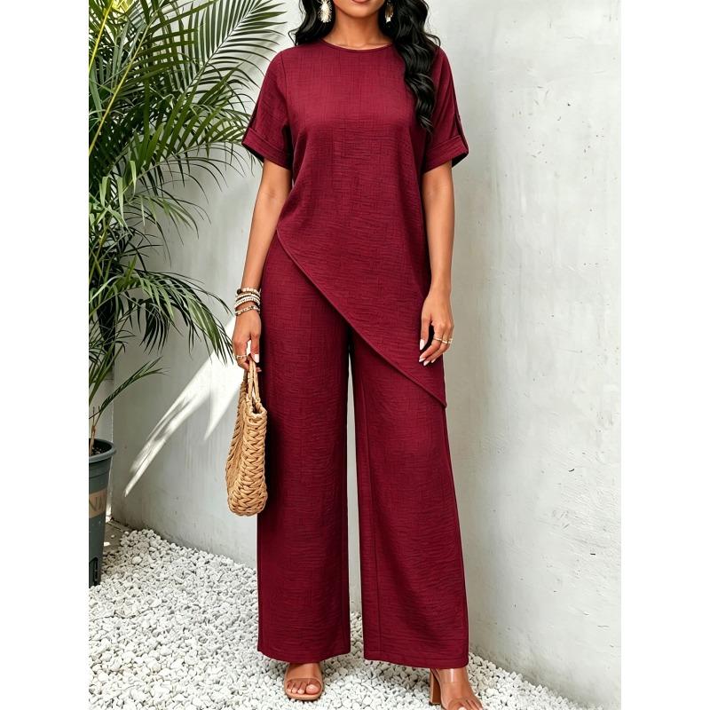 DICFY Women's Fashion Casual Short Sleeve O-Neck Pants Suits