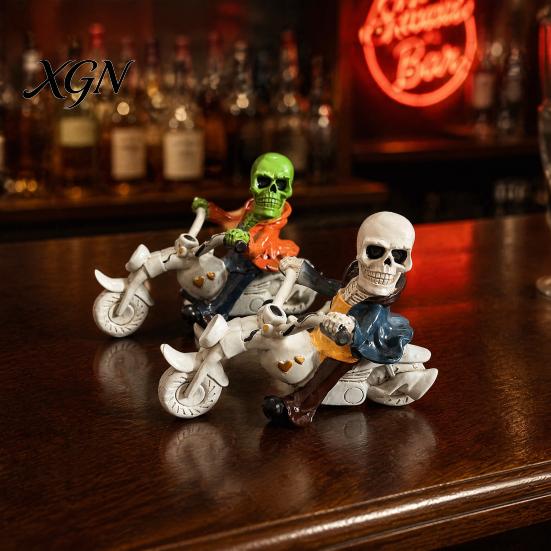 Cool Desk Figurine Halloween Skeleton Riding Motorcycle Figurine, Gothic Spooky Statue for Home Niche Collection Ornament Garden, Resin Biker