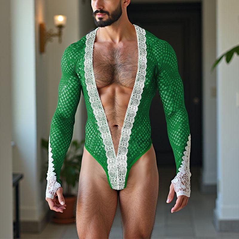 Men Long Sleeve Lace Patchwork Mesh See Through Party Bodysuits Jumpsuits Home Wear