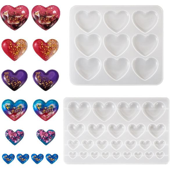2Pcs Heart Shape Silicone Molds Love Heart Cabochons Resin Casting Molds Chunky Valentines Love Jewelry Pendant Mould for Epoxy Resin DIY Earring