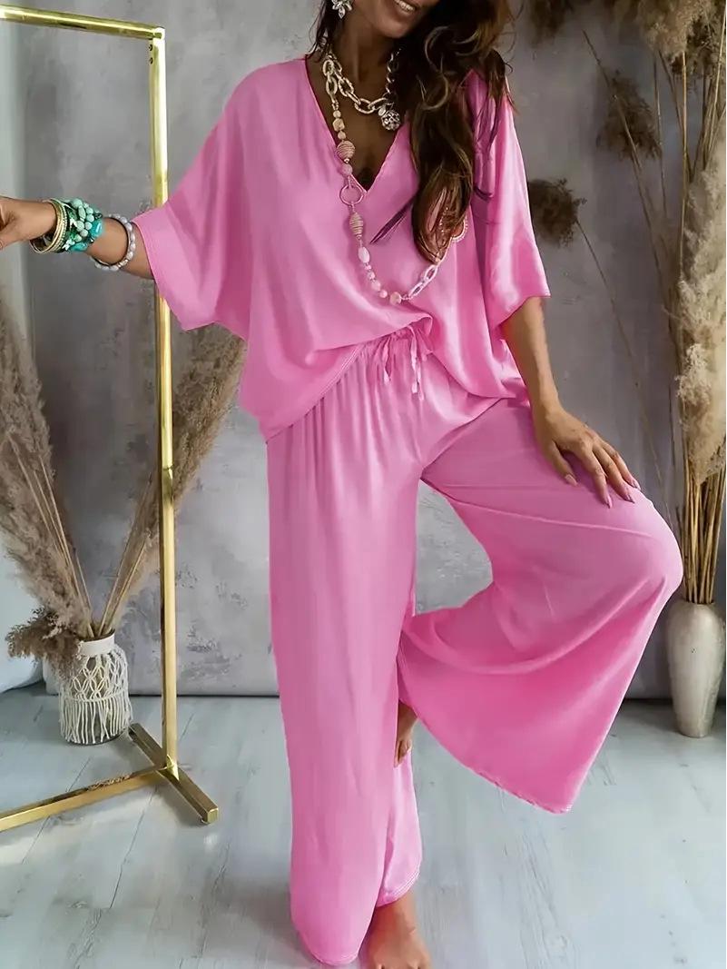 

Топ с V-образным вырезом и рукавами «летучая мышь» и повседневный брючный костюм с завязками, весна/лето 2025 XXL розовый