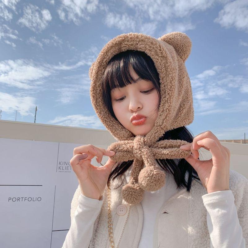 Winter Cute Bear Ears Warm Hat Women Beanies Windproof Cap Student Women Add Wool Cap Female Bomber Hat Present