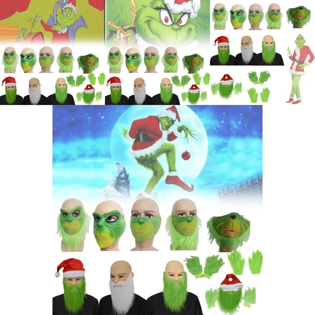 Grinch Half Face Mask With Green Hair And Whimsical Design For Christmas Celebrations