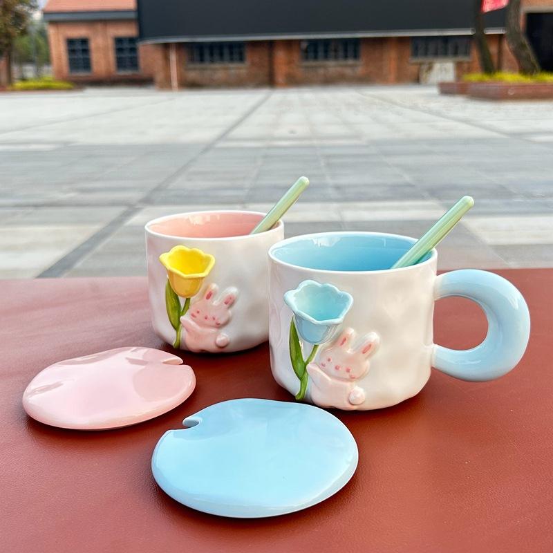 Cute Rabbit Ceramic Cup Tulip Cup Large Capacity Water Cup for Girls Household Gift with Cover Spoon Ceramic Cup