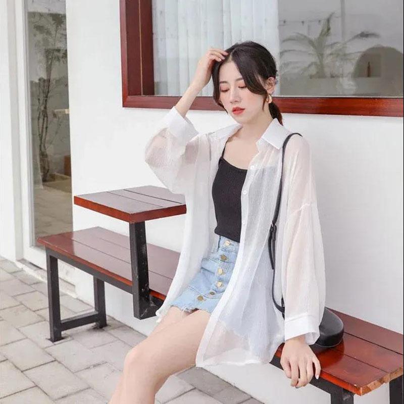 Sunscreen Chiffon Shirt Female Summer Coat Korean Version  Thin Section  Blouse Loose Air-conditioned Shirt Tide Womens Tops White Polo Collar Shirt