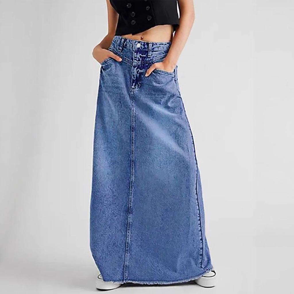 2025 High-Waisted Minimalist Denim A-Line Midi Skirt