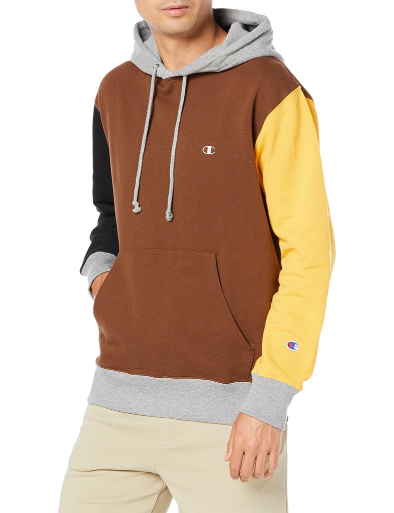 Champion Cotton Canvas Hoodie with Colorblock Size Brown Men's 100% One-Point Logo, Print, L, (C3-T114)
