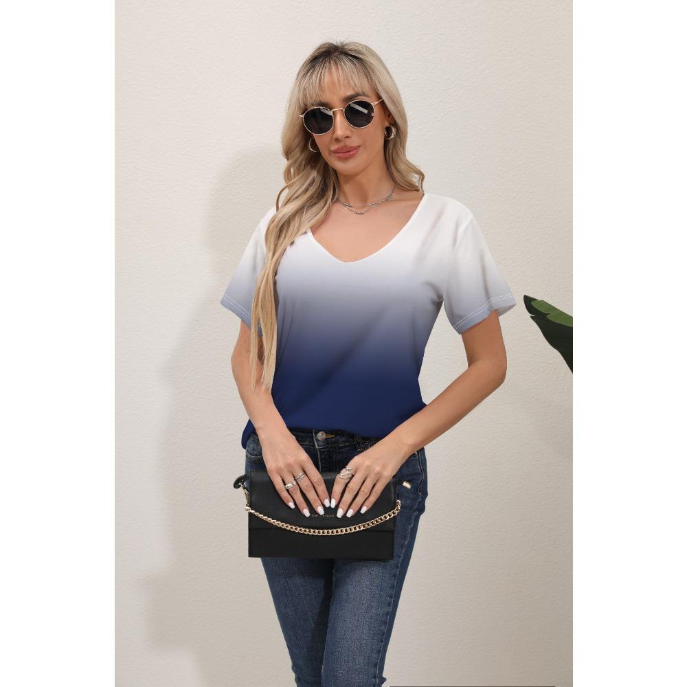 

Женские футболки Летние Градиентные Топы V-образный вырез Мода Женская Винтажная одежда Цветочный принт XL