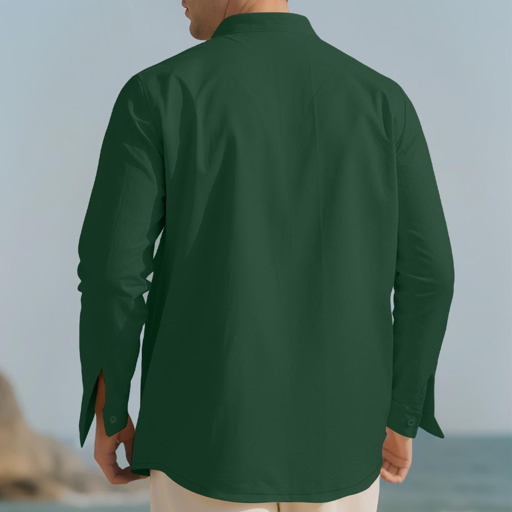 Pánské bavlněné lněné tričko s dlouhým rukávem Tenký volný top Retro Vintage Módní městské oblečení Stojatý střih Mládežnická velikost