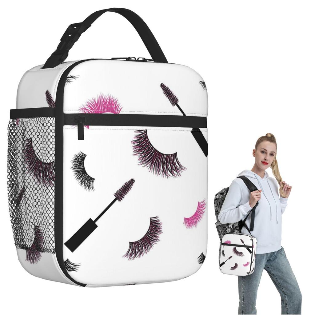 Lashes And Mascara With Pink Glitter Pattern Insulated Lunch Bag for Women Kids Leakproof Food Boxes Thermal Lunch Box Tote