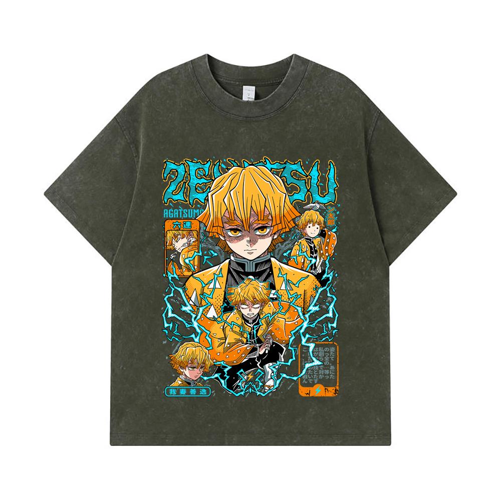 275 GSM Gewaschene T-Shirts 100% Baumwolle Demon Slayer V100 Zenitsu Print Unisex Schweres Baumwoll-T-Shirt
