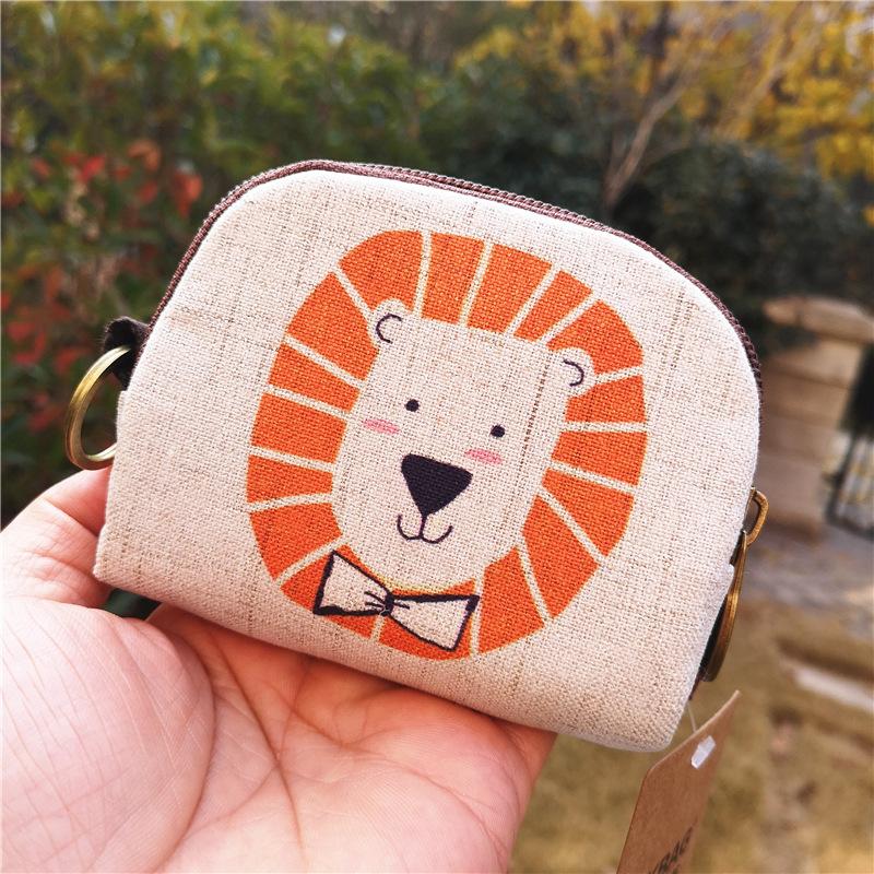 Cute Animal Canvas Coin Purse Short Shell Wallet Women Key Card Bag Kids Cartoon Lionmouse Fox Bear Dinosaur Small Change Purses