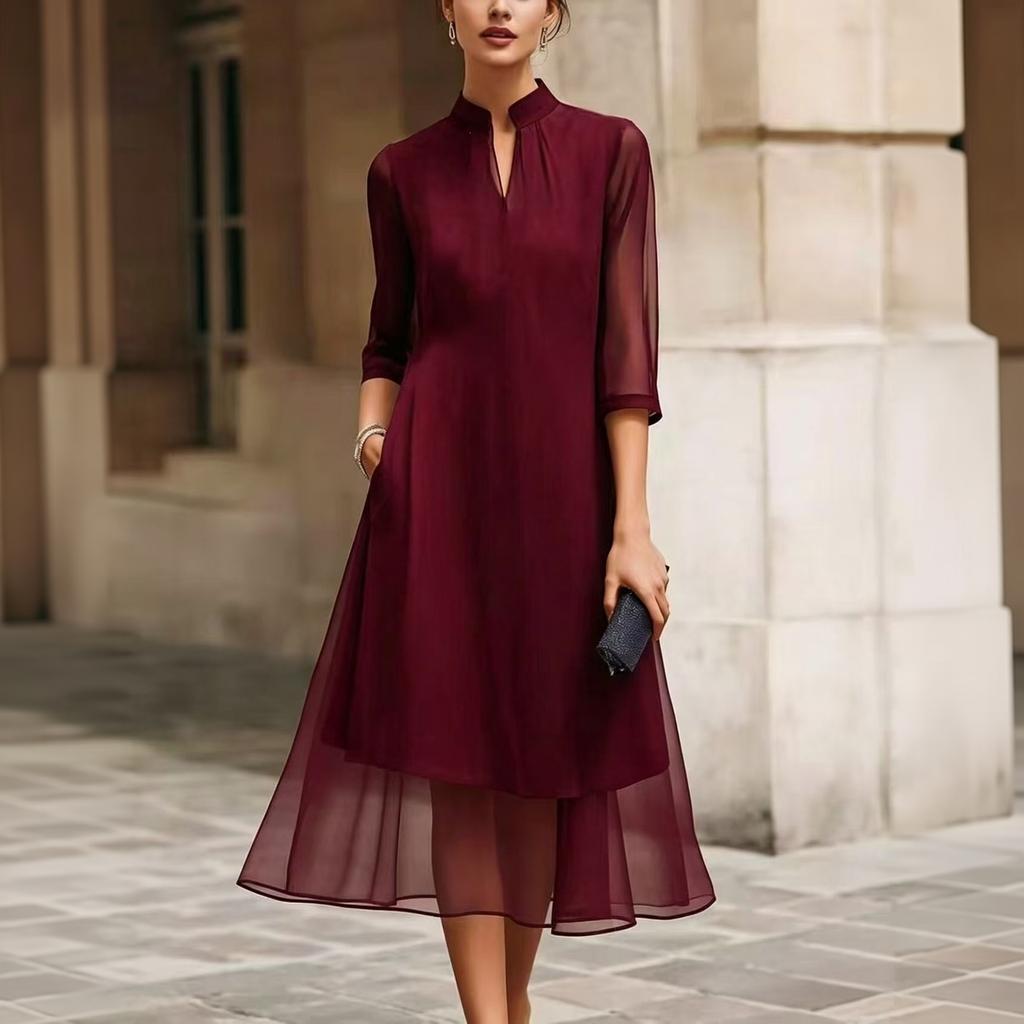 Women's Fashion Elegant Chiffon Dress with Inner Lining Flowy Midi Length Half Sleeve Casual Office Wear