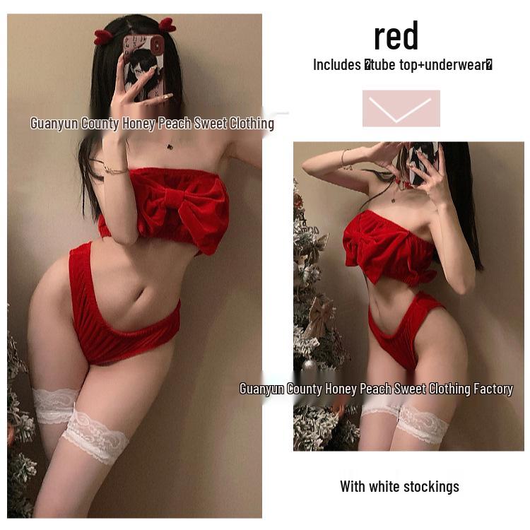 Christmas Red Lingerie Set - Sexy Bow Bandeau & Panties 