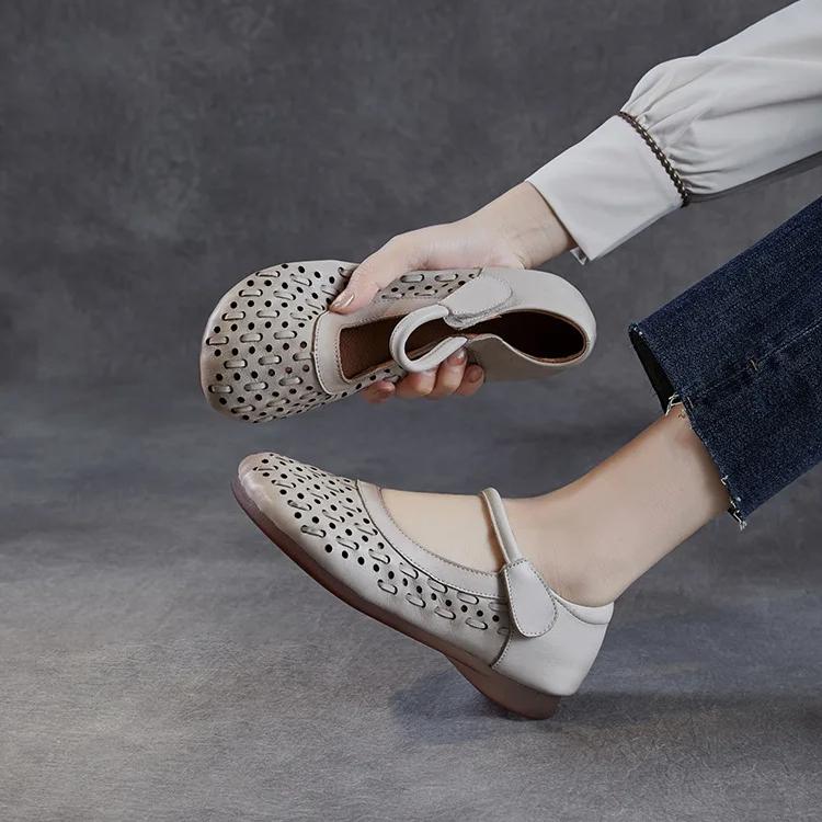 Johnature Pantofi de damă din piele naturală cu talpă moale, sandale plate confortabile, respirabile, decupate